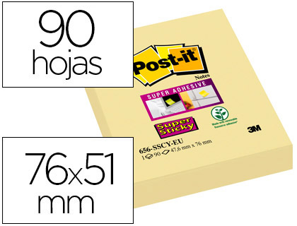 POST-IT - BLOC DE NOTAS ADHESIVAS QUITA Y PON SUPER STICKY 51X76 MM CON 90 HOJAS 565 AMARILLO CANARIO (Ref.656-12SSCY-EU)