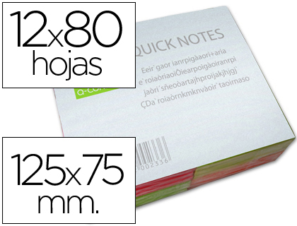 Q-CONNECT - BLOC DE NOTAS ADHESIVAS QUITA Y PON 125X75 MM CON 80 HOJAS FLUORESCENTES PACK DE 12 -SURTIDAS EN 4 COLORES (Ref.KF01350)