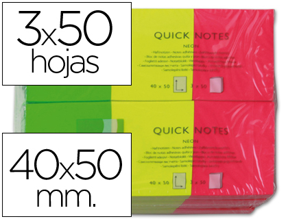 Q-CONNECT - BLOC DE NOTAS ADHESIVAS QUITA Y PON 40X50 MM FLUORESCENTES PACK DE 3 CON 50 HOJAS (Ref.KF01224)