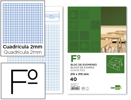 LIDERPAPEL - BLOC EXAMENES CUADRO 2MM FOLIO 40 HOJAS 60G/M2 (Ref.EM03)