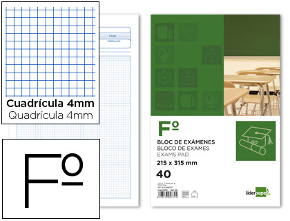 LIDERPAPEL - BLOC EXAMENES CUADRO 4MM FOLIO 40 HOJAS 60G/M2 (Ref.EM01)
