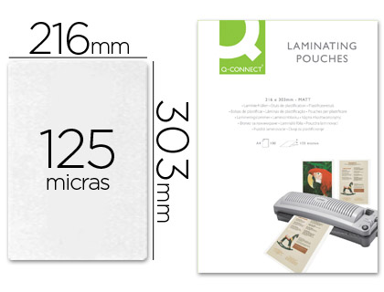 Q-CONNECT - BOLSA DE PLASTIFICAR 303 X 216 MM 125 MC DIN A4 MATE SIN REFLEJOS CAJA DE 100 UNIDADES (Ref.KF24055)