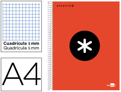 ANTARTIK - CUADERNO ESPIRAL LIDERPAPEL A4 MICRO TAPA FORRADA 120H 100 GR CUADRO5MM 5 BANDAS 4 TALADROS COLOR ROJO (Ref.KD22)