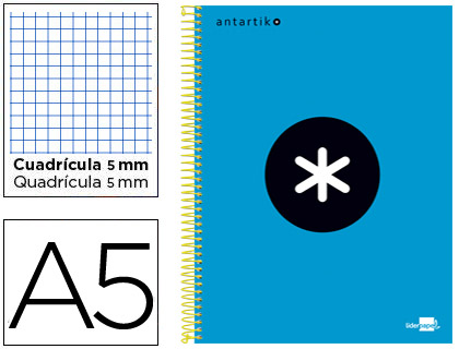 ANTARTIK - CUADERNO ESPIRAL LIDERPAPEL A5 MICRO TAPA FORRADA 120H 100 GR CUADRO5MM 5 BANDAS 6 TALADROS COLOR AZUL (Ref.KD31)