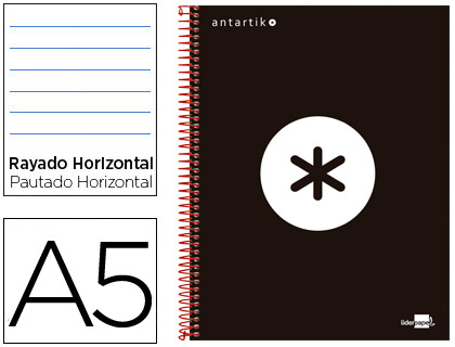 ANTARTIK - CUADERNO ESPIRAL LIDERPAPEL A5 MICRO TAPA FORRADA 120H 100 GR HORIZONTAL 5 BANDAS 6 TALADROS COLOR NEGRO (Ref.KD20)
