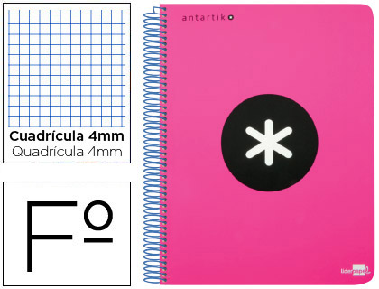 ANTARTIK - CUADERNO ESPIRAL LIDERPAPEL FOLIO TAPA DURA 80H 100 GR CUADRO 4MM CON MARGENCOLOR ROSA FLUOR (Ref.KE05)