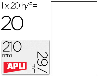APLI - ETIQUETAS ADHESIVAS DE POLIESTER RESISTENTE A LA INTEMPERIE PARA IMPRESORA LASER 210X297 MM (Ref.01228)
