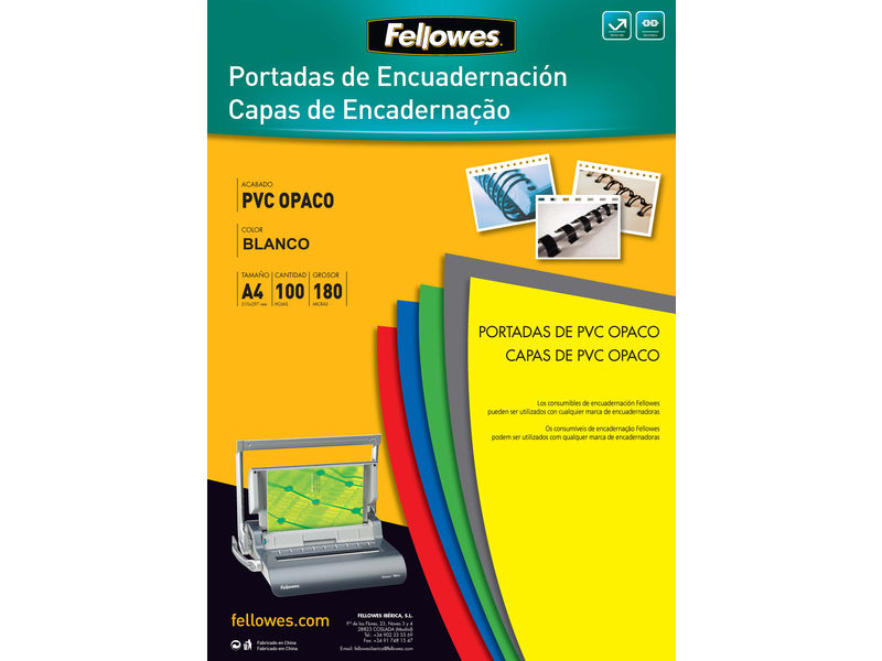 FELLOWES - Pack DE 100 PORTADAS PVC OPACO BLANCO A4 180 MICRAS (Ref.5100501)