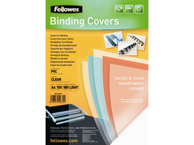 FELLOWES - Pack DE 100 PORTADAS PVC TRANSPARENTE CRISTAL A4 180 MICRAS (Ref.5375901)
