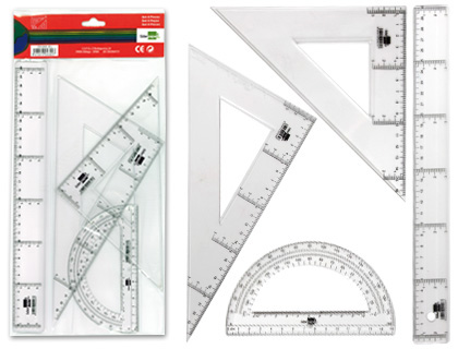 LIDERPAPEL - JUEGO ESCUADRA Y CARTABON 25CM REGLA 30CM Y SEMICIRCULO 15CM EN PETACA INCOLORA (Ref.JG02)