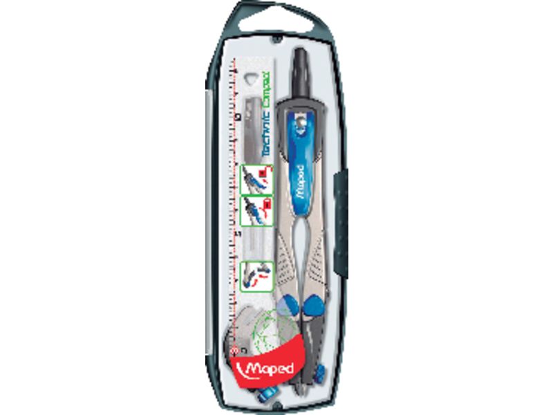 MAPED - Compases Technic Estuche 4 piezas:1 compas,1 abrazadera,1 afilaminas, 1 estuche minas (Ref.538700)