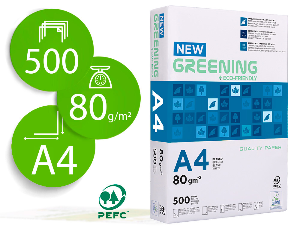 GREENING - PAPEL MULTIFUNCION - A4 - 80g - Blancura CIE 146 - Paquete 500h (Ref.FT01)