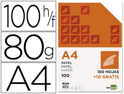 LIDERPAPEL - PAPEL DIN A4 80 GR -PAQUETE DE 100 HOJAS + 10 HOJAS GRATIS (Ref.PA04)