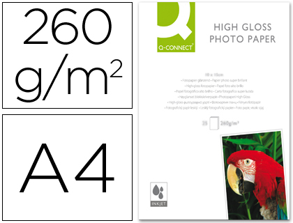 Q-CONNECT - PAPEL FOTO GLOSSY DIN A4 ALTA CALIDAD DIGITAL PHOTO -PARA INK-JET BOLSA DE 50 HOJAS DE 260 GR (Ref.KF02772)