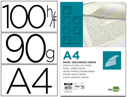 LIDERPAPEL - PAPEL VERJURADO A4 90G/M2 CREMA PAQUETE DE 100 (Ref.VJ04)