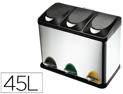 Q-CONNECT - PAPELERA CONTENEDOR METALICA CON TAPADERA DE PLASTICO Y PEDAL 3 DEPOSITOS 45L 605X340X485 MM (Ref.KF16550)
