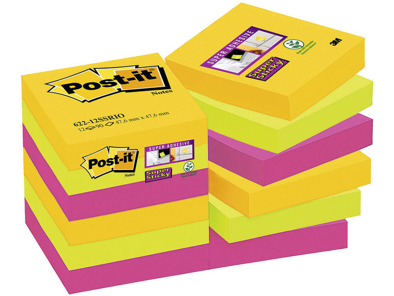 POST-IT - Pack 12 BLOCS 47,6X47,6 RIO JANEIRO 4 X AMARILLO,ROSA,VERDE,FUCSIA TODOS NEON 622-12SSRIO-EU (Ref.70005271518)