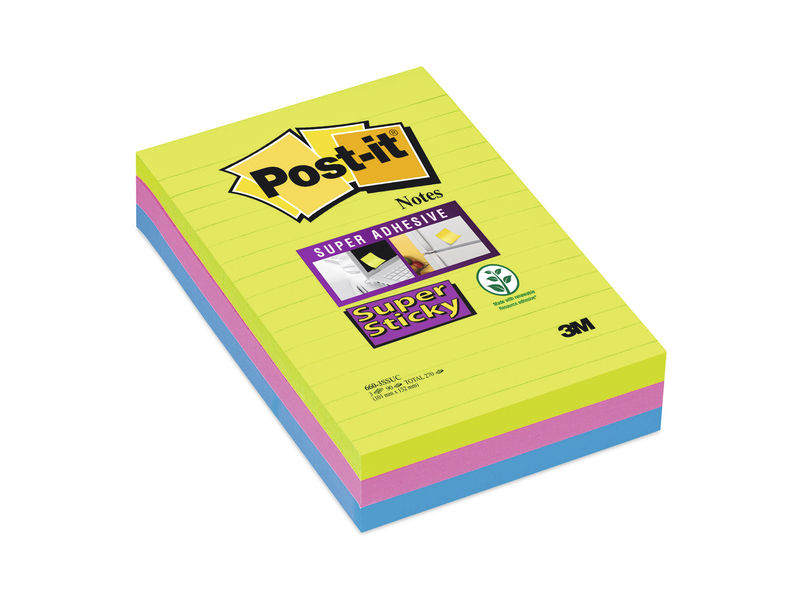 POST-IT - Notas adhesivas Super Sticky Pack 3 blocs 90h Colores Arco Iris 102x152mm (Ref.70005253409)
