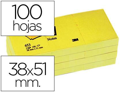 POST-IT - Notas adhesivas blocs 100h Amarillo 38x51mm - Paquete 12u. (Ref.FT510058488-7100290163)
