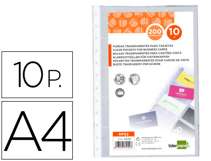 LIDERPAPEL - RECAMBIO FUNDAS DIN A4 PARA TARJETERO BOLSA DE 10 HOJAS CAPACIDAD 20 TARJETAS POR HOJA (Ref.RP02)