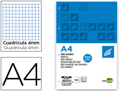 LIDERPAPEL - RECAMBIO A4 100 HOJAS 100G/M2 CUADRO 4MM CON MARGEN 4 TALADROS (Ref.RA05)