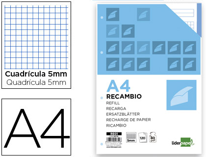 LIDERPAPEL - RECAMBIO A4 120 HOJAS 80G/M2 CUADRO 5MM SIN MARGEN 4 TALADROS BANDAS DE 5 COLORES (Ref.RE01)