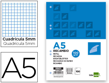 LIDERPAPEL - RECAMBIO A5 100 HOJAS 100G/M2 CUADRO 5MM CON MARGEN 6 TALADROS (Ref.RB01)