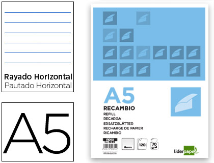 LIDERPAPEL - RECAMBIO A5 120 HOJAS 80G/M2 HORIZONTAL SIN MARGEN 6 TALADROS BANDAS DE 5 COLORES (Ref.RE02)