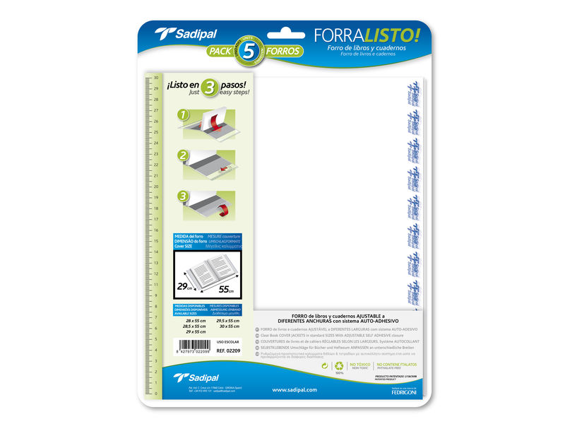 SADIPAL - Blister 5 Forralibros en polipropileno 80 micras 29x55cm (Ref.02209)