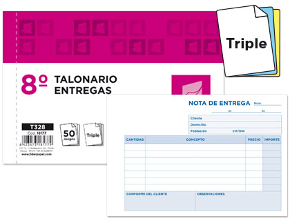 LIDERPAPEL - TALONARIO ENTREGAS 8º ORIGINAL Y 2 COPIAS APAISADO (Ref.T328)