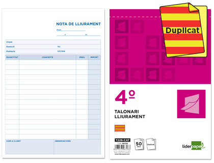 LIDERPAPEL - TALONARIO ENTREGAS CUARTO ORIGINAL Y COPIA T226 TEXTO EN CATALAN (Ref.T226-CAT)