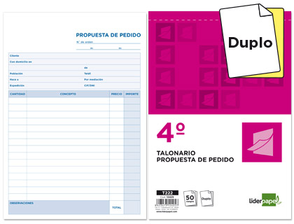 LIDERPAPEL - TALONARIO PEDIDOS CUARTO ORIGINAL Y COPIA (Ref.T222)