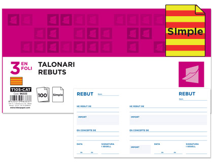 LIDERPAPEL - TALONARIO RECIBOS 3/Fº ORIGINAL T105 CON MATRIZ TEXTO EN CATALAN (Ref.T105-CAT)