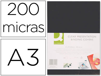 Q-CONNECT - TAPA DE ENCUADERNACION PVC DIN A3 OPACA NEGRA 200 MC CAJA DE 100 UNIDADES (Ref.KF16554)
