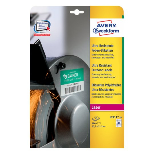 AVERY - Caja 10 h.,480 etiq., 45,7x21,2mm,blancas muy resistentes polietileno,imresora láser (Ref.L7911-10)