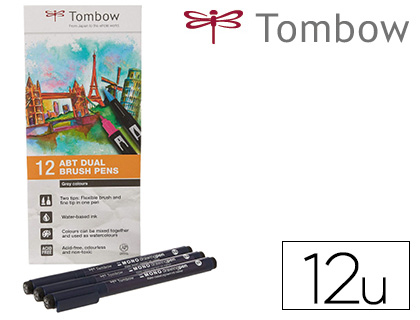 TOMBOW - Estuche 12 rotuladores Dual Brush doble punta pincel. Colores primarios. (Ref.ABT-12P-1)
