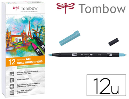 TOMBOW - Estuche 12 rotuladores Dual Brush doble punta pincel. Colores pastel. (Ref.ABT-12P-2)