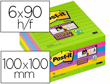 POST-IT - BLOC DE NOTAS ADHESIVAS QUITA Y PON SUPER STICKY RAYADO 101X101 MM PACK DE 6 UNIDADES COLORES SURTIDOS (Ref.70005253334)