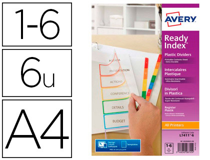 AVERY - SEPARADOR POLIPROPILENO DIN A4 IMPRIMIBLE 6 PESTAÑAS (Ref.5258501)