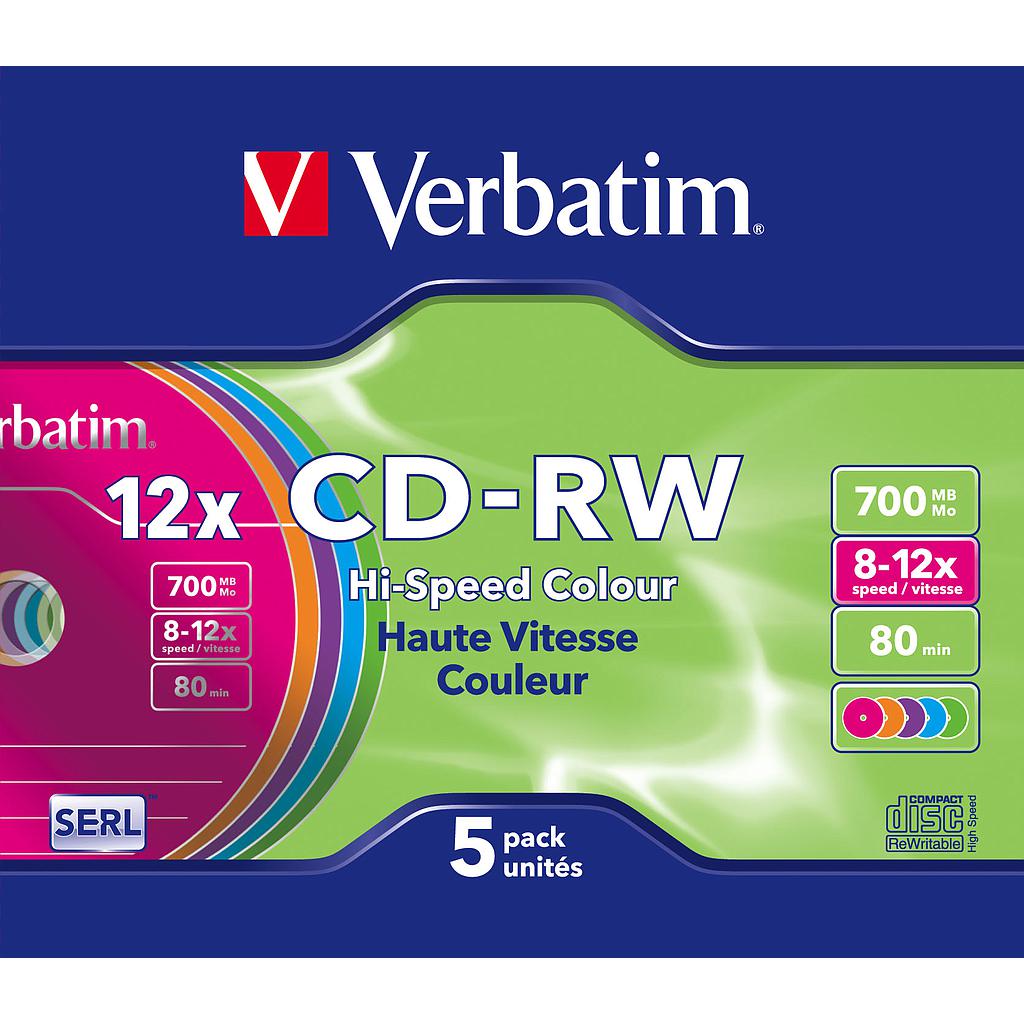 VERBATIM - CD-RW Hi-Speed Color slim pack 5 ud 12x 700MB 80min 5colores (CANON L.P.I. 0,5€ Incluido) (Ref.43167)