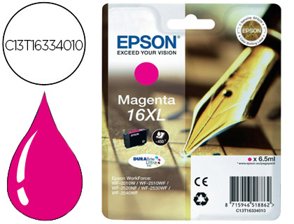 EPSON - Cartuchos ORIGINALES Inyección De Tinta 16XL WF2010W WF2510WF WF2520NF WF2530WF WF2540WF MAGENTA 450 PAG (Ref.C13T16334010)