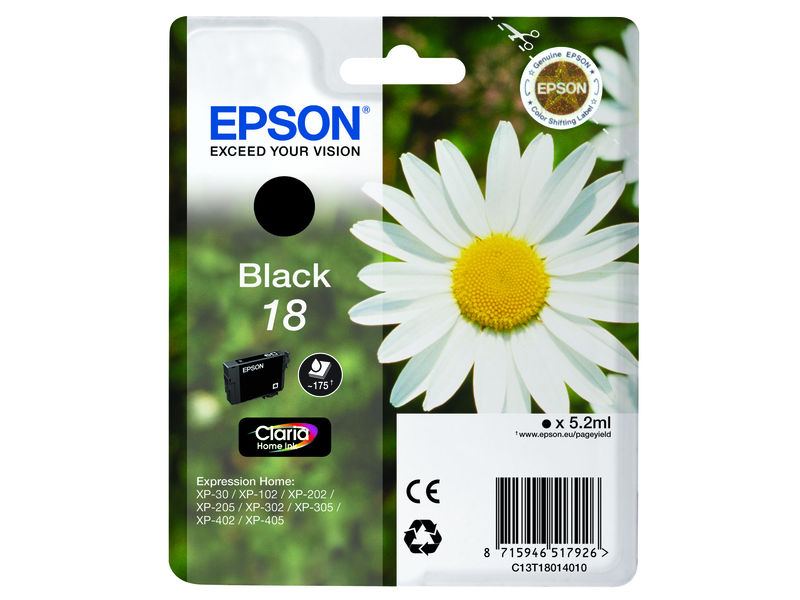 EPSON - Cartuchos ORIGINALES Inyección De Tinta 18 Negro (Ref.C13T18014010)