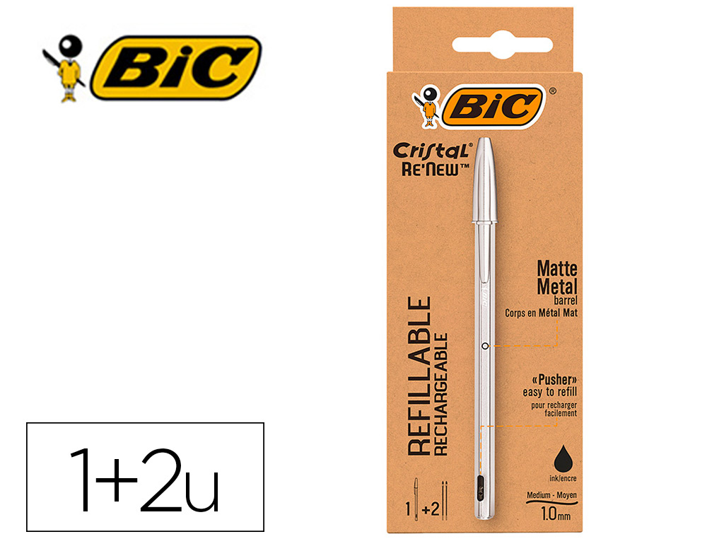BIC - Boligrafo cristal renew tinta negra pack de 1 unidad + 2 recambios (Ref. 997201)