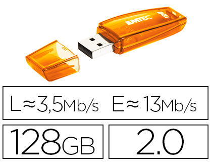 EMTEC - Memoria usb flash c410 128 gb 2.0 naranja (Ref. E144928) (Canon L.P.I. 0,24€ Incluido)