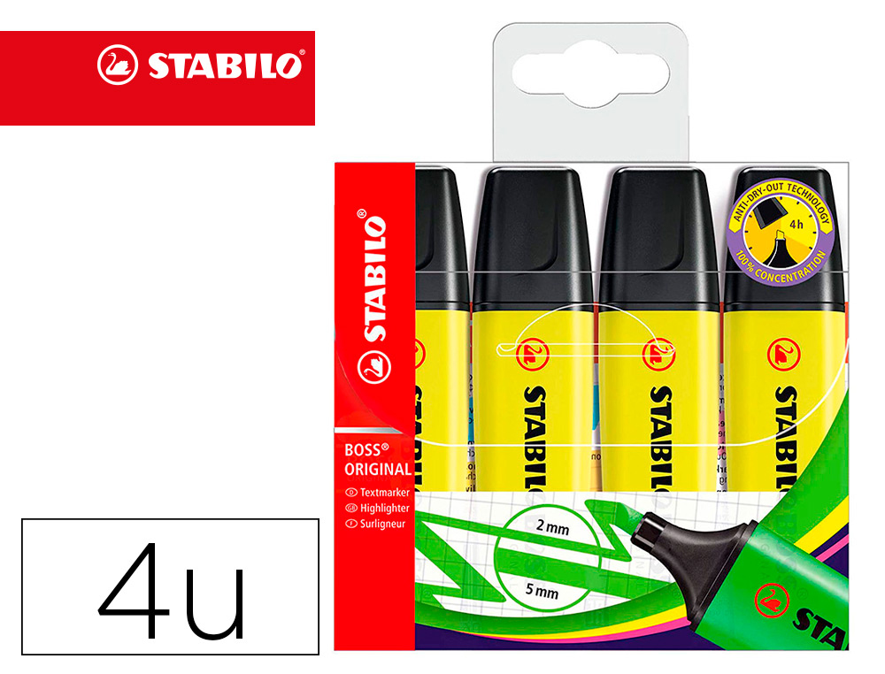 STABILO - Rotulador boss fluorescente 70 amarillo estuche de 4 unidades (Ref. 70/4-24)