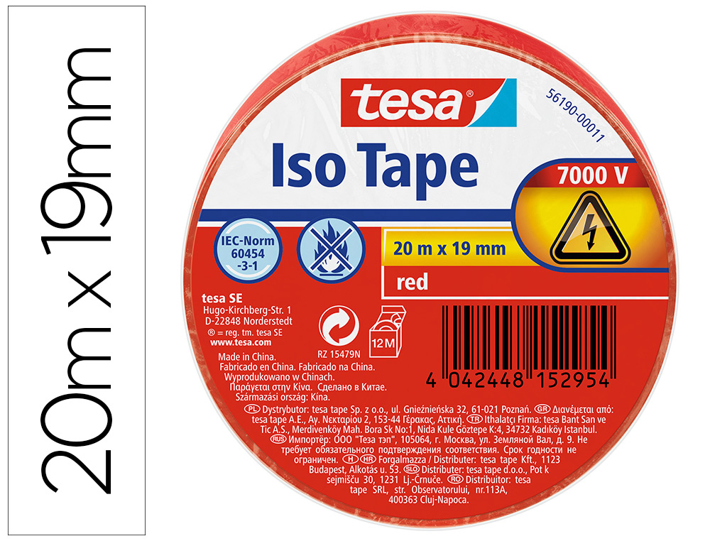 TESA - Cinta adhesiva aislante 20 mt x 19 mm color rojo (Ref. 56190-00011-22)