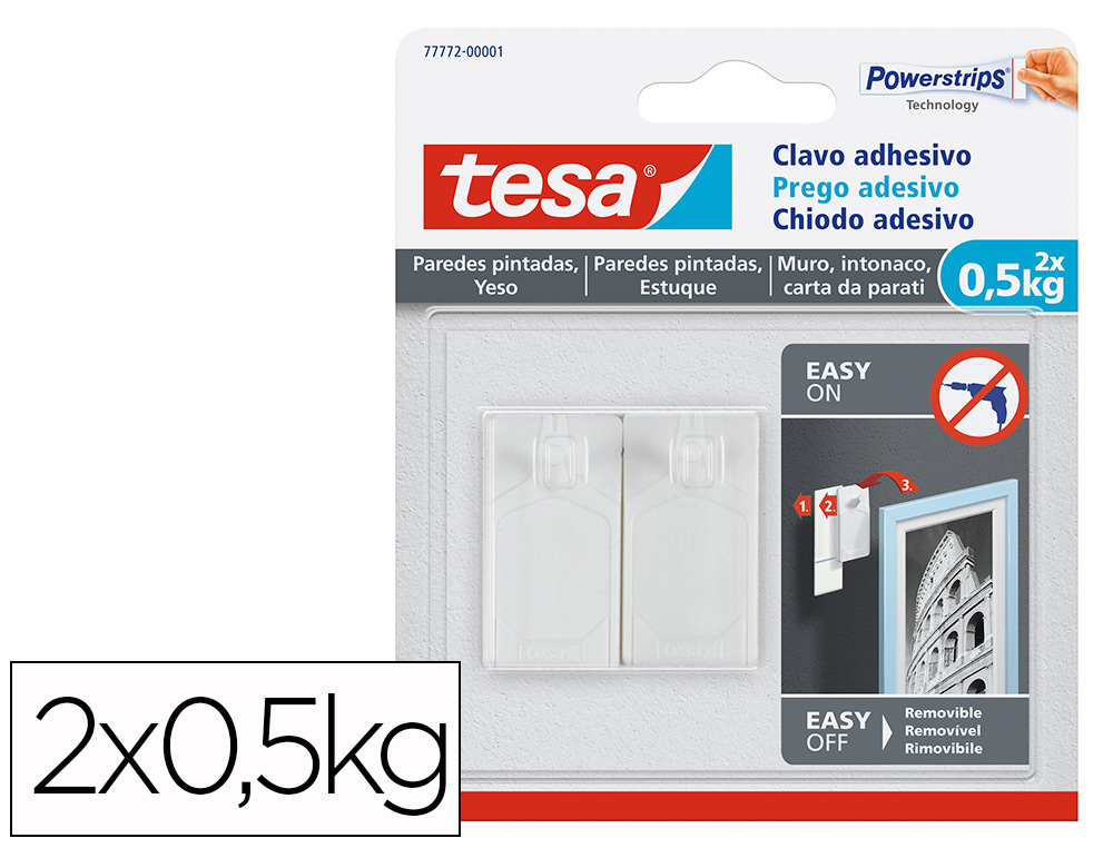 TESA - Clavo autoadhesivo sujecion hasta 0,5 kg uso paredes pintadas removible blister de 2 unidades (Ref. 77772-00001-00)