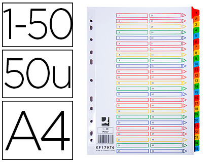 Q-CONNECT - Separador numerico carton 1-50 juego de 50 separadores din A4 multitaladro (Ref. KF17976)