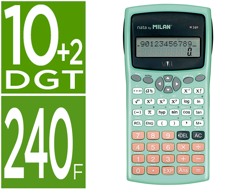 MILAN - Calculadora cientifica m240 silver 2 lineas 240 funciones 10+2 digitos color verde turquesa con tapa color (Ref. 159110SLBL)