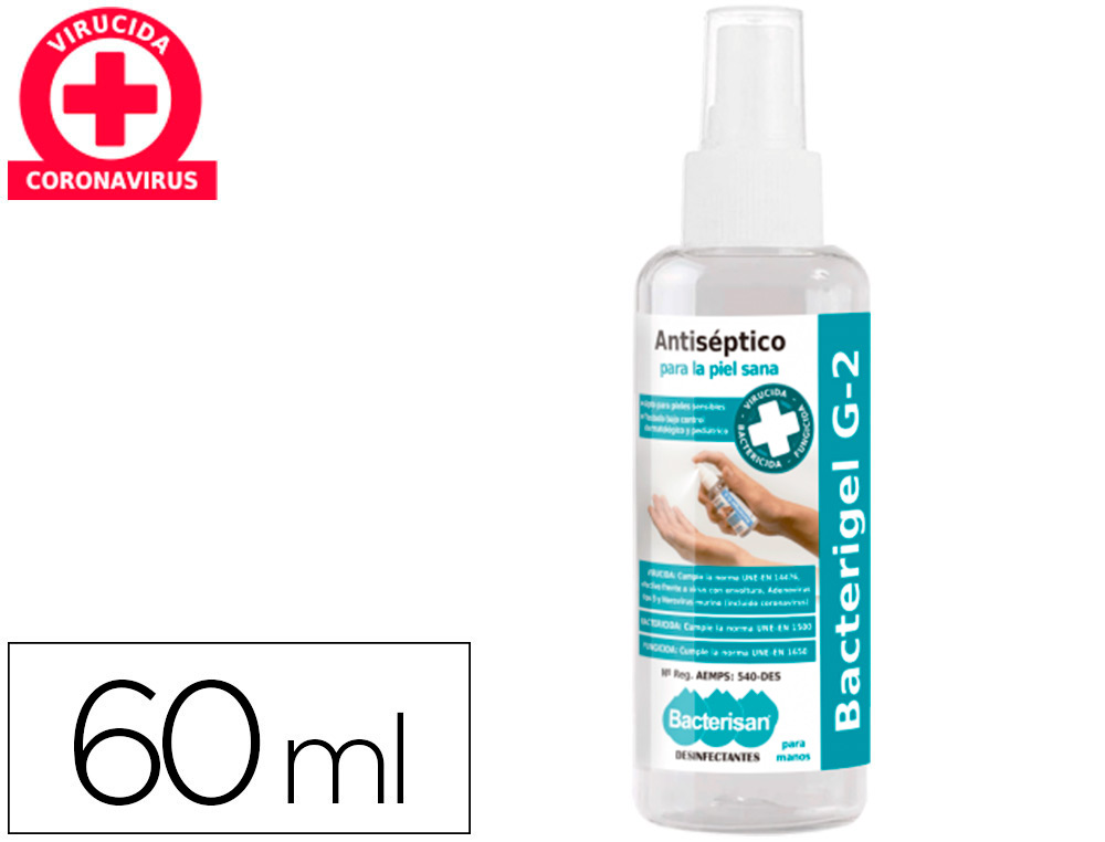 Gel hidroalcoholico antiseptico bacterigel g2 para manos limpia desinfecta sin aclarado spray de 60 ml (Ref. 5071LM029580)